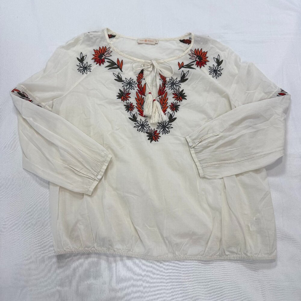 Tory Burch Embroidered Floral Tassel Tie Peasant Blouse Ivory Cotton Size 14 - Picture 2 of 8